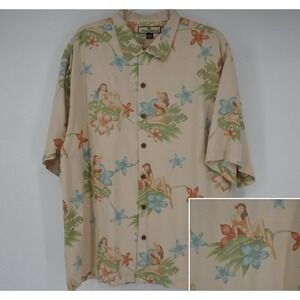Tommy Bahama Hawaiian Shirt Mens XL 100% Silk AOP Floral Women On Palm Leaf